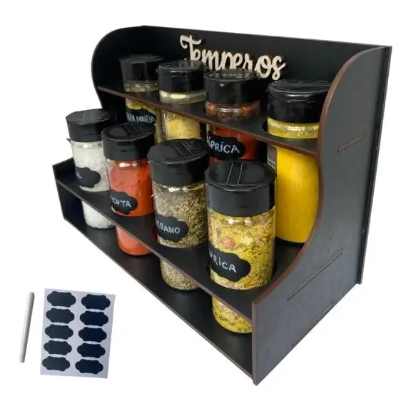 Porta Temperos E Condimentos Luxo 8 Potes Mais Etiquetas Preto