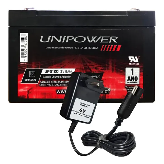 Kit Bateria 6v 12ah Unipower + Carregador 6v Moto Elétric Cc