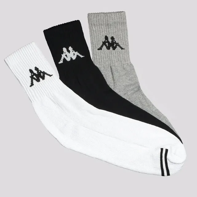 Kit Meia Kappa 3 Pares Cano Medio Branca Cinza E Preta