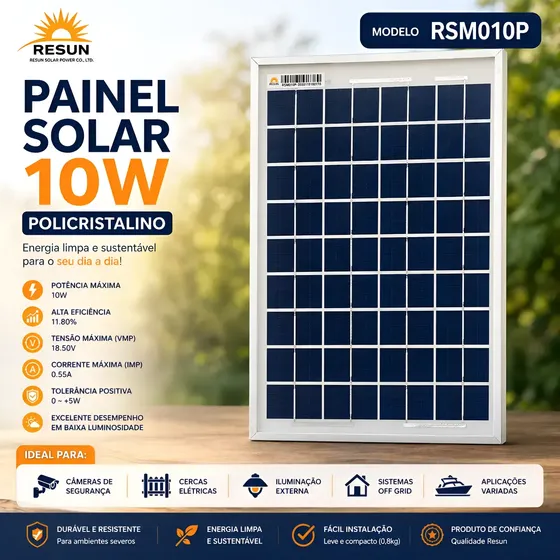 Painel Placa Célula 12v 10w Energia Solar Fotovoltaica Inmet