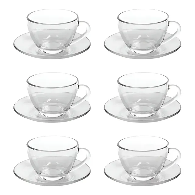 Jogo Xícaras Café Com Pires Chá 12 Peças Vidro Incolor 230ml