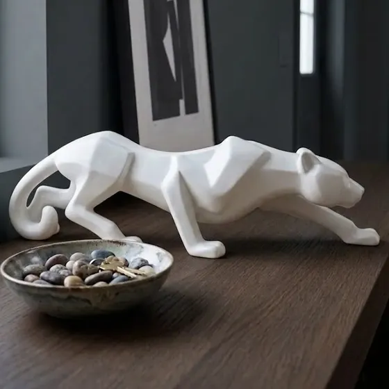 Pantera Branca Estatueta Decoração Resina Premium - 39cm
