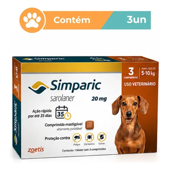 Simparic 20mg Antipulgas Cães 5 A 10kg 3 Comprimidos Zoetis