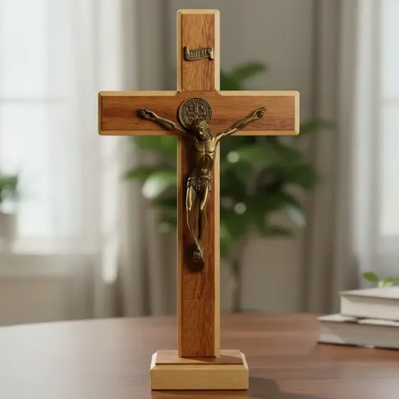 Crucifixo De Mesa Parede Madeira Com Metal São Bento 25cm