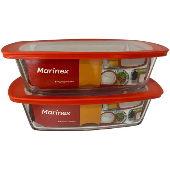 Jogo 2 Tigela Retangular Bolo Com Tampa Pote Marinex 1,5l