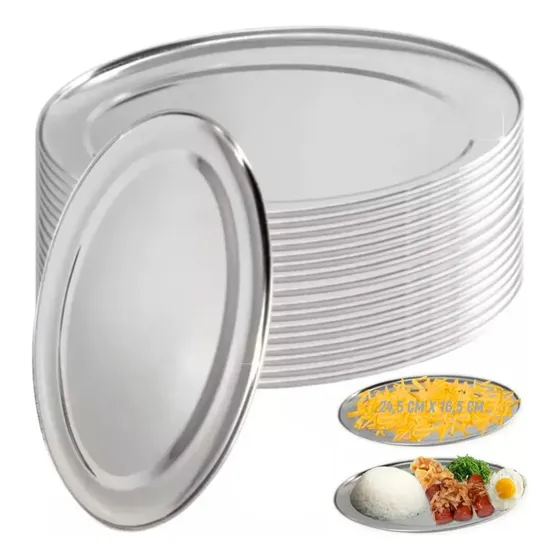 10 Travessas Oval Aço Inox Rasa 26 Cm - Bandeja Oval Porções