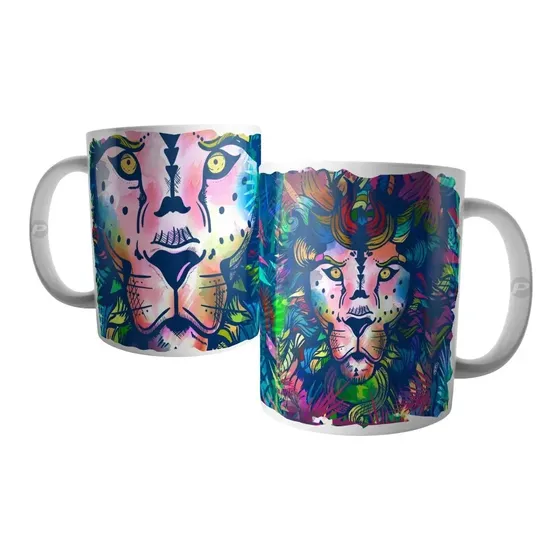 Caneca Leão Psicodelica De Porcelana - Caneca Lion Criativa