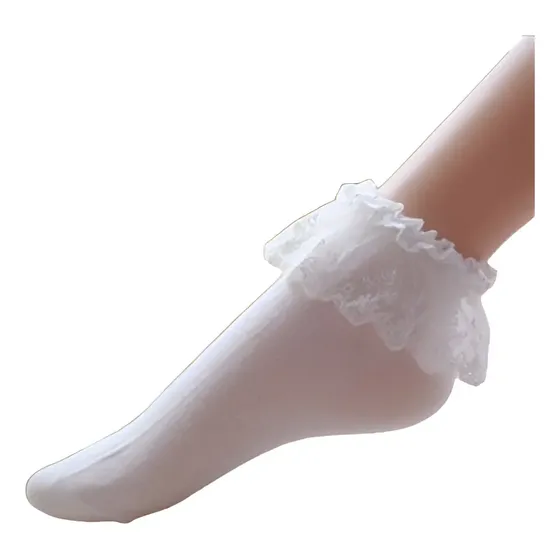 Meia Soquete Branca Com Frufru Em Renda Babado Cosplay Branco Liso Un