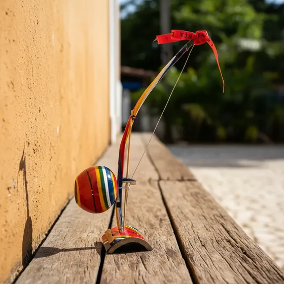 Mini Berimbau De Bambú Pintado A Mão Da Bahia + Fita Bonfim