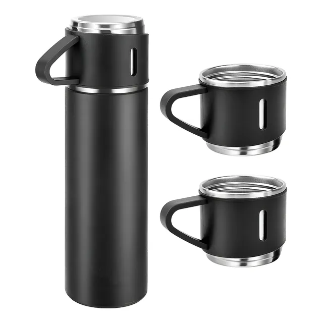 Caneca Kit Garrafa Térmica Vacuum Bottle Inox 500ml + 3 Xíca