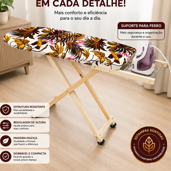 Tábua De Passar Roupa Madeira Dobrável Com Suporte De Ferro