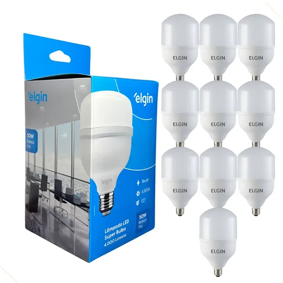 Kit 10 Lâmpada Led Bulbo 50w Elgin Luz Fria 6500k