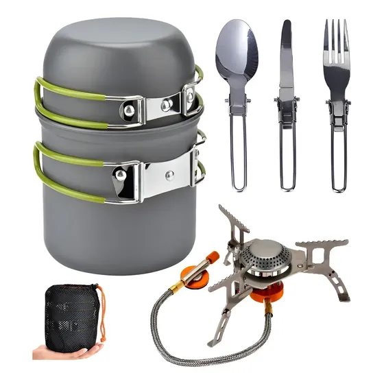 Mini Fogareiro + Conjunto Panela Camping Talheres Dobráveis