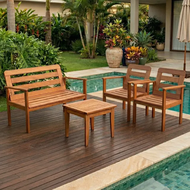 Conjunto Yescasa Jardim 1 Sofá 2 Poltronas E Mesa Madeira