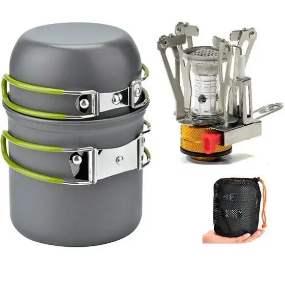 Mini Fogareiro + Conjunto Panela Camping 2 Peças