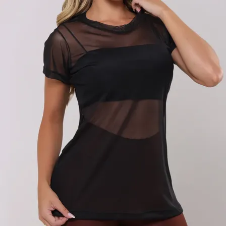 Blusa Feminina Moda Academia Transparente Fitness Tule Luxo Preto G