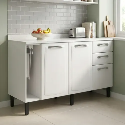 Balcão Cozinha Em Aço 3 Portas E 2 Gavetas 140cm Com Nicho Branco