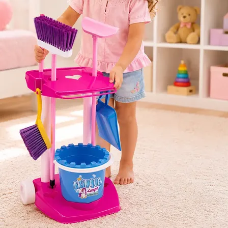 Kit Limpeza Infantil Menina Unicornio Com Carrinho + 6 Peças