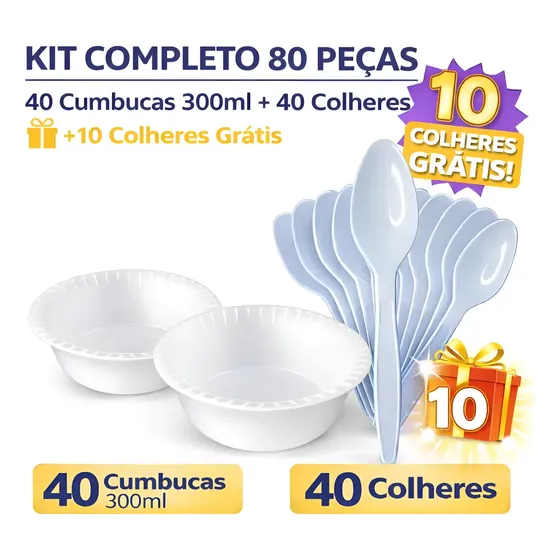 Kit Cumbuca Pote De Isopor 300ml Com Colher Descart + Brinde