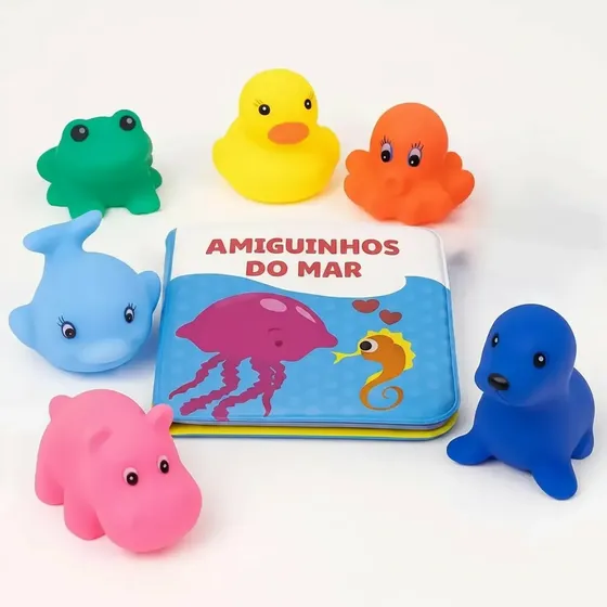 Kit Banho Bebê 6 Bichinhos + Livro De Banho Impermeável