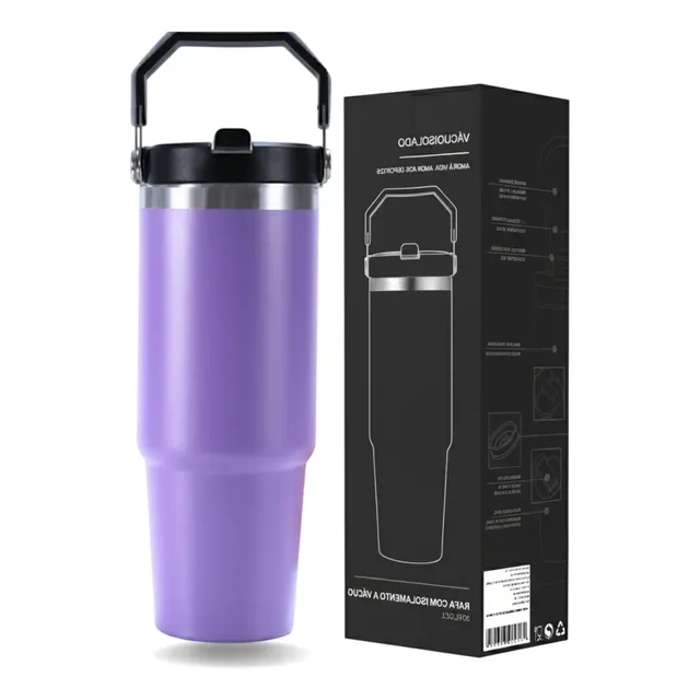 Garrafa Copo Térmico Inox Sport Carro Água 900ml Canudo Alça Roxo
