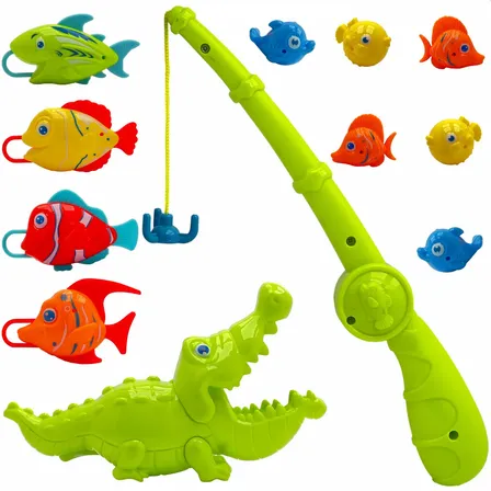 Brinquedo Pega Peixe 12 Peças Jogo Pescaria Infantil Jacaré
