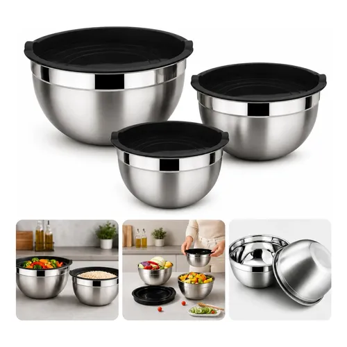 Kit 3 Bowls Inox Com Tampa Hermética Conjunto Tigela Comida