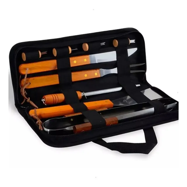Kit Churrasco Faqueiro Cabo Longo Madeira Maleta Nylon 10pçs