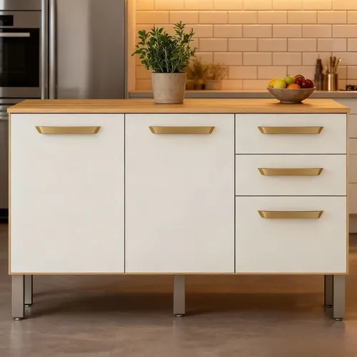 Balcão De Cozinha 3 Portas E 2 Gavetas Adele Hi Cinamomo/ Off White Acetinado