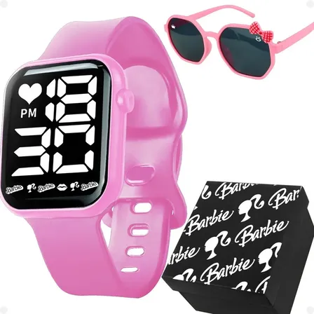 Relogio Digital Rosa Infantil + Oculos Uv Proteção + Caixa Rosa