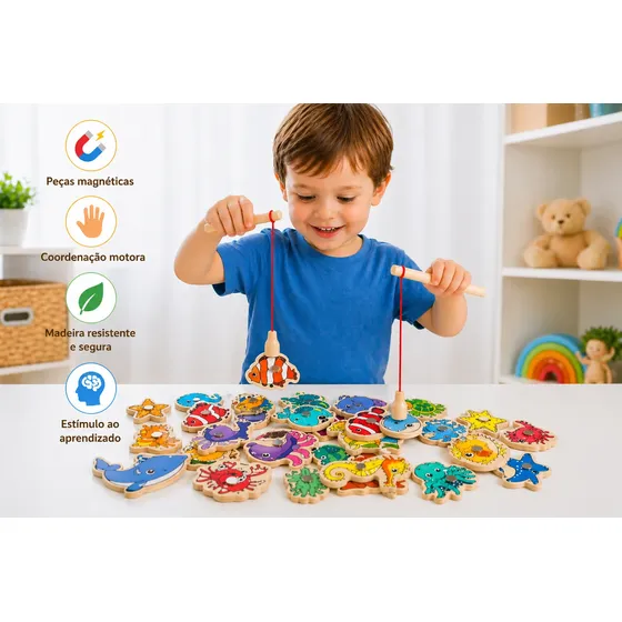 Jogo Brinquedo Madeira Pescaria Magnética Infantil Educativo