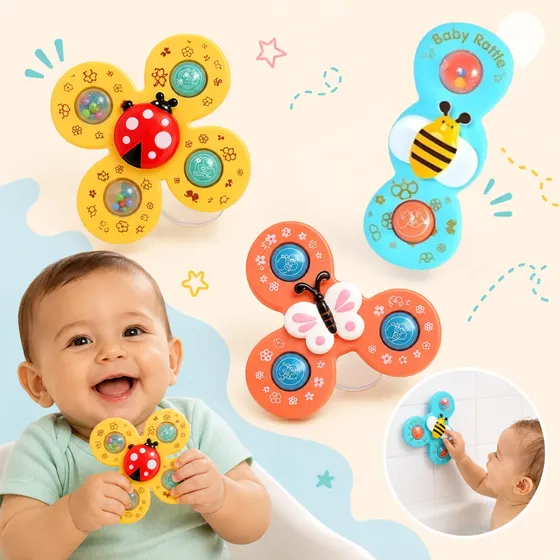 Kit 3 Spinner Brinquedo Bebê Gira C/ Ventosa Sensorial Banho