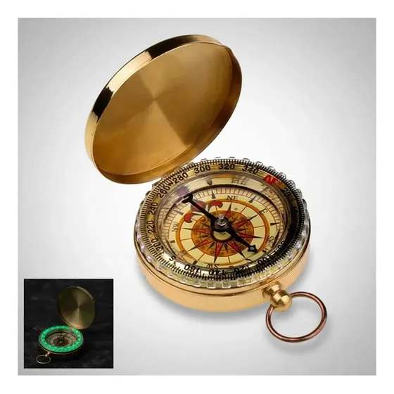 Bússola Tipo Relógio Bolso Bronze Luz Fosforescente