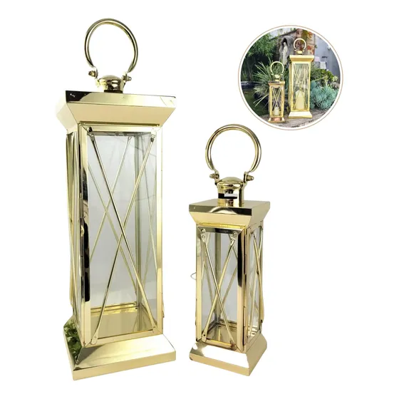 Lanterna Marroquina Decorativa Inox Dourada Luxo Vidro