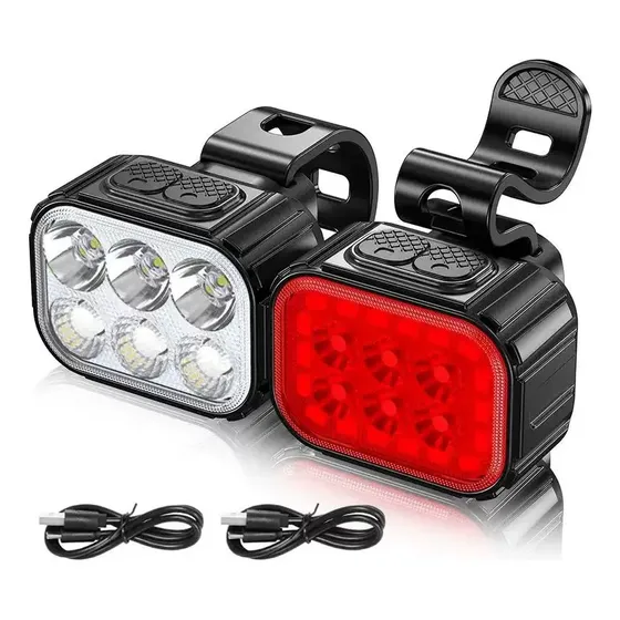 Kit Farol Lanterna Bike Traseira Recarregável Usb 6 Leds