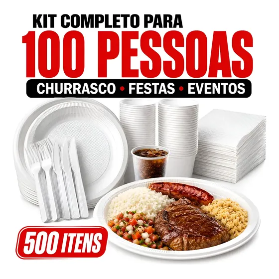 Kit Churrasco Descartável 100 Pessoas Talheres 500 Itens
