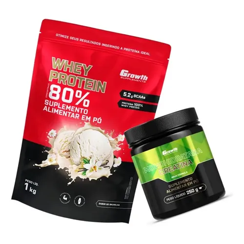 Kit Growth: Whey Protein Baunilha 1kg + Creatina Monohidratada Sem Sabor 250g