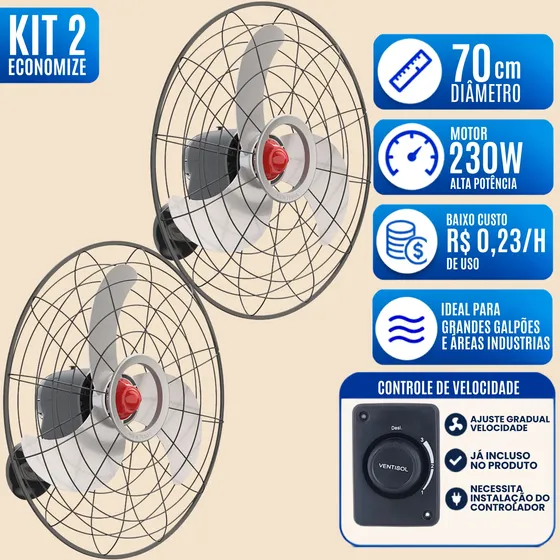 Kit 2 Ventilador Parede Ventisol 70cm 230w Bivolt Industrial 70 Cm 60hz Preto 127/220v Cinza Plástico 3