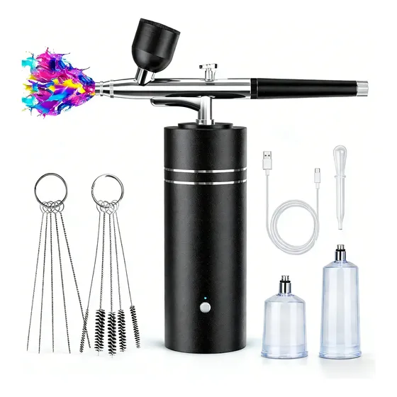 Kit Aerógrafo Recarregável Mini Compressor Portátil Sem Fio Preto