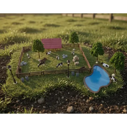 Kit Mini Fazenda Vacas, Lago, Ponte, Postes Árvores Maquete
