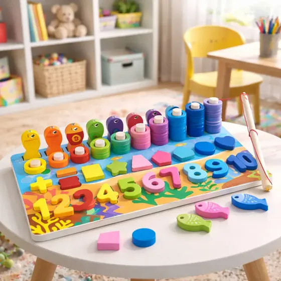 Brinquedo Educativo De Encaixe Madeira Pega Peixe Montessori