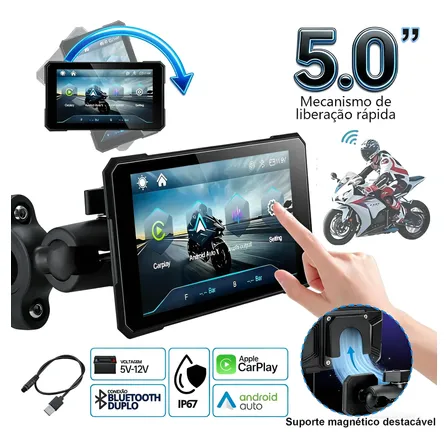 Multimídia Para Moto 5'' Carplay E Android Auto Tela Touch Preto