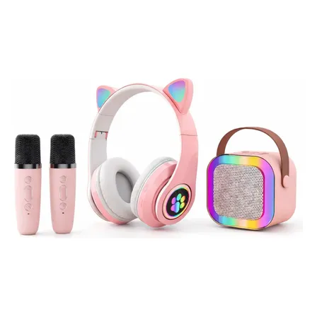 Fone Gatinho Infantil + Caixa De Som Karaokê C/ 2 Microfones