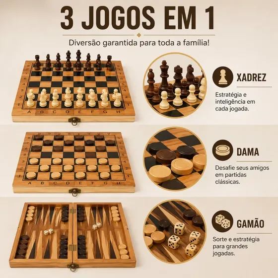 Tabuleiro Jogo De Xadrez Dama Gamão Madeira Dobrável 3 Em 1