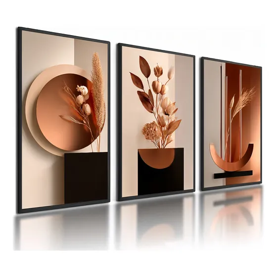 Kit 3 Quadros Decorativos Abstratos Florais Tons Terrosos