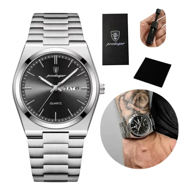 Relógio Poedagar Suiço Masculino Aço Inox Old Money C/caixa Prateado Preto