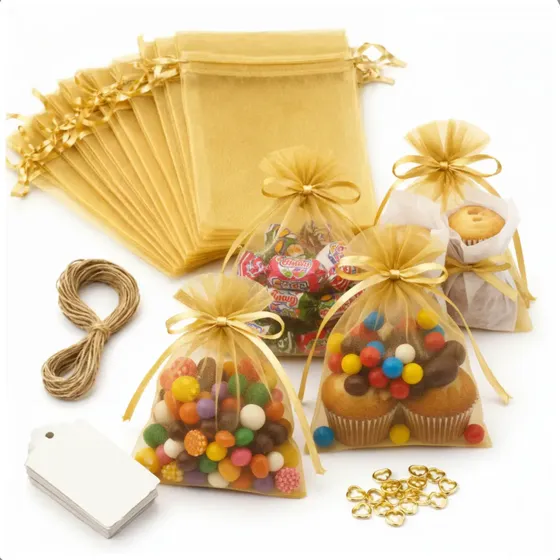 Kit 100 Saquinho De Organza Tule Saco 9x12 Dourado Premium