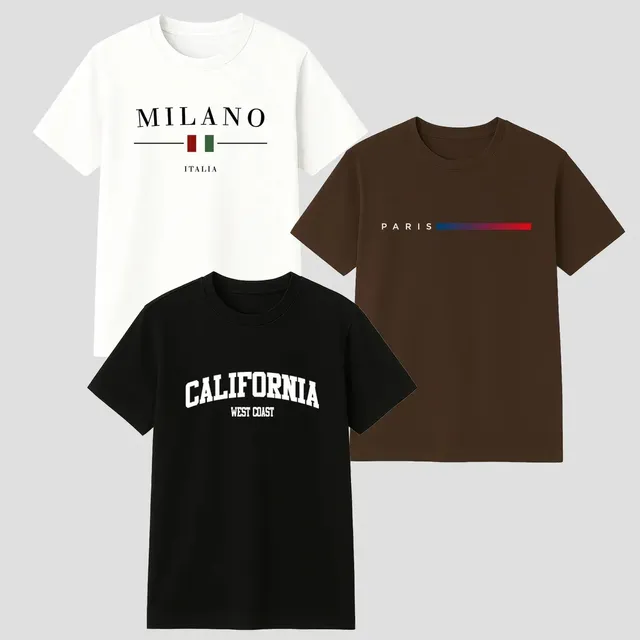 Kit 3 Camisetas Masculina 100% Algodão Premium Verão Casual Preto -marrom-branco Gg Estampa Localizada
