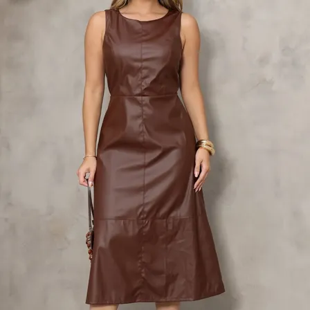 Vestido Feminino Midi Couro Clássico E Moderno Marrom P