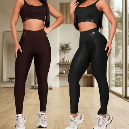 Kit 2 Conjuntos Fitness Feminino Top Legging Cintura Alta Chocolate + Preto M (40)